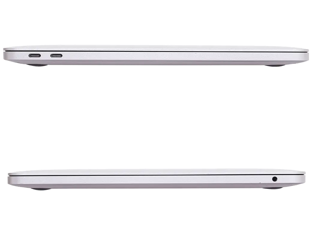 Side view of Apple MacBook A1708 2017 model showcasing thin design and ports, including USB-C and headphone jack, in space gray color.