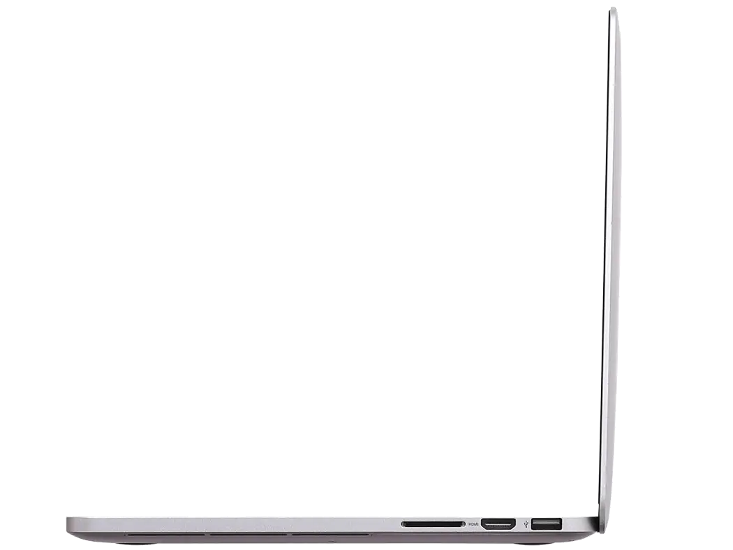 Side view of Apple MacBook Pro A1502 (2015) 13.3" Retina Display in Space Gray, showing slim profile and ports. Best MacBook UAE, Buy Apple Laptop.