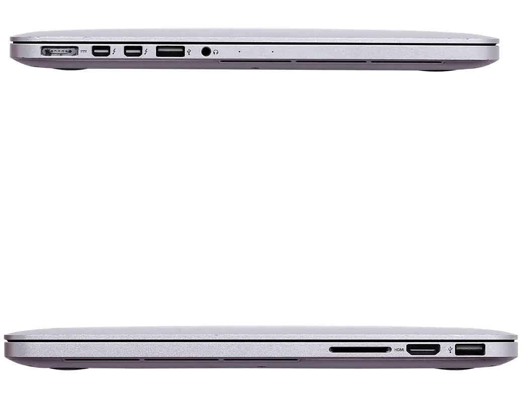 Side view of Apple MacBook Pro A1502 (2015) ports in Space Gray, showcasing connectivity options. Ideal for users in UAE seeking a renewed MacBook.