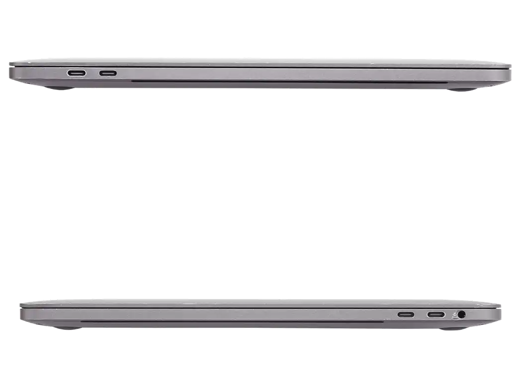 Side view of Apple MacBook Pro A1990 (2018) showing thin, sleek design and port options in Space Gray. Best refurbished MacBook UAE.