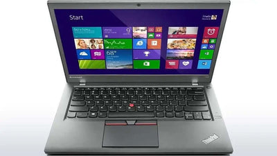 Lenovo ThinkPad T450 14" HD laptop with Intel i7-5600U, 8GB RAM, 256GB SSD, and Windows 10 Pro. Buy refurbished laptops in UAE Dubai used computer shops.