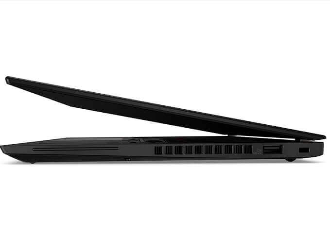 Lenovo ThinkPad X390 Yoga 13.3" touchscreen refurbished laptop partially closed in black, side profile view