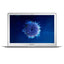 MacBook Air laptop with a blue screen displaying a abstract design on a white background