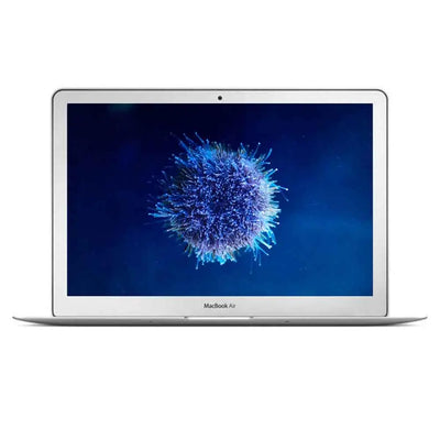 MacBook Air laptop with a blue screen displaying a abstract design on a white background