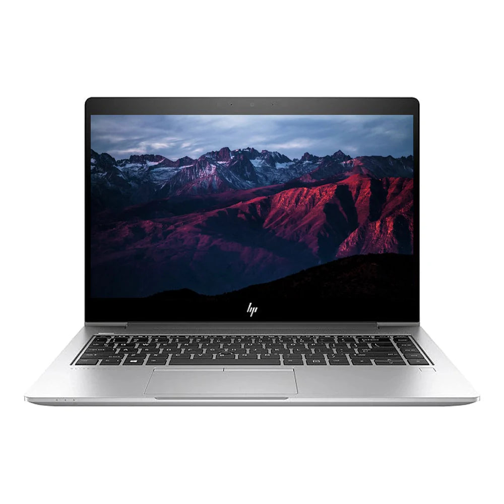 HP laptop with a mountainous landscape on the screen against a white background
