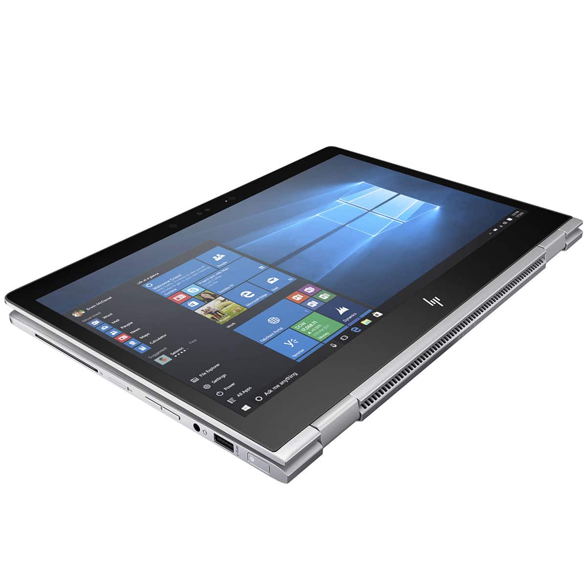 HP EliteBook X360 1030 G2 in tablet mode, 13.3" FHD touchscreen, Intel Core i5-7th Gen, 8GB RAM, 256GB SSD, Windows 10 Pro, silver, renewed.