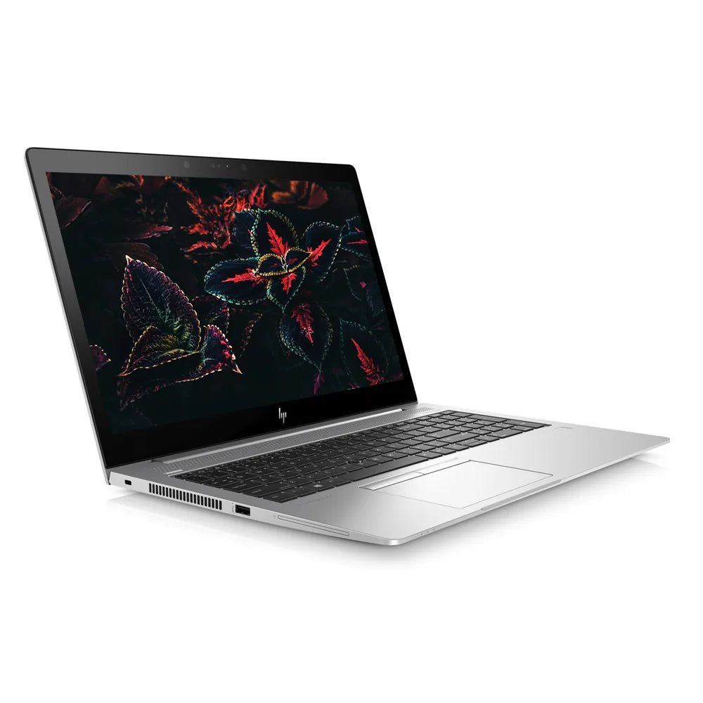 Laptop with a colorful leaf design on the screen against a white background