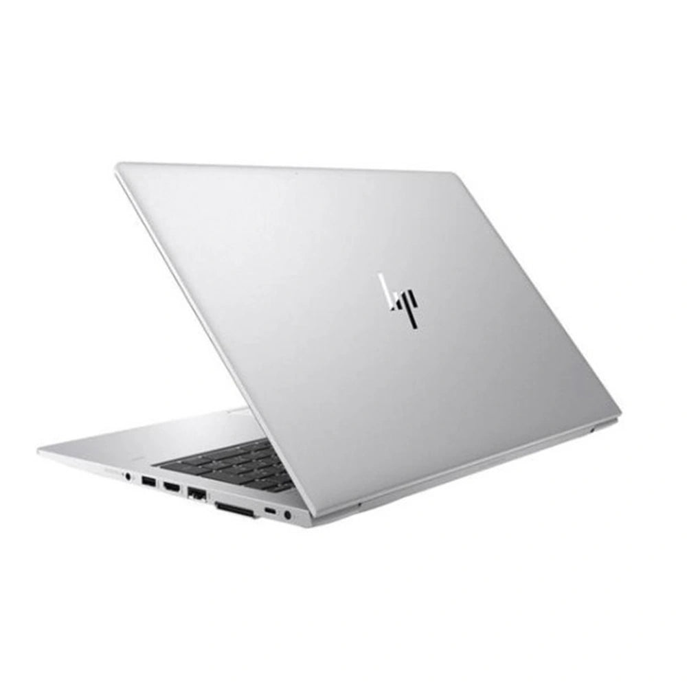 Silver HP laptop on a white background