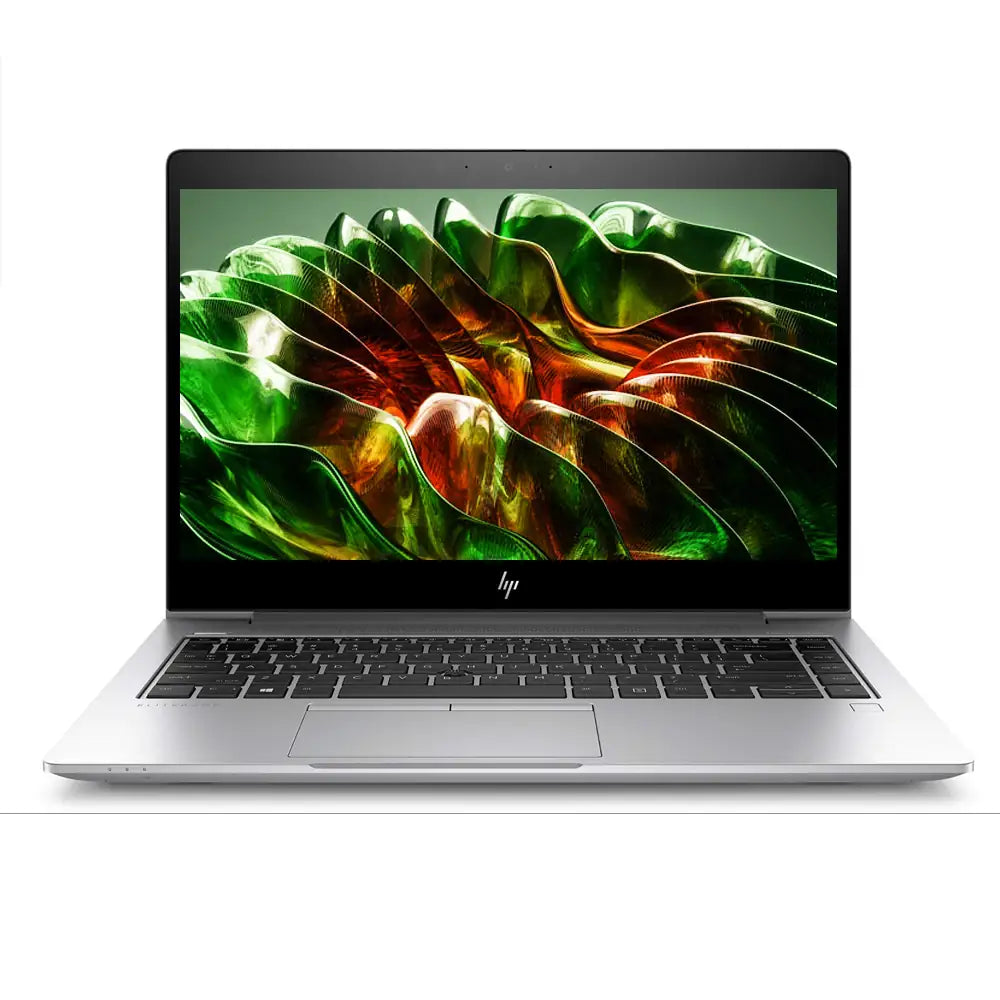 HP laptop with a colorful abstract design on the screen against a white background