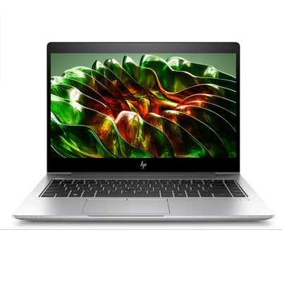 HP laptop with a colorful abstract design on the screen against a white background
