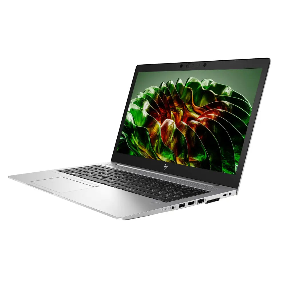 Laptop with a colorful abstract design on the screen against a white background