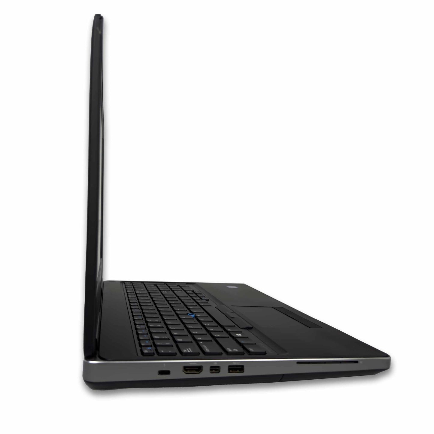 Side view of Dell Precision 7520 refurbished laptop with 15.6" FHD display, Intel Core i7-7700HQ, 16GB RAM, 512GB SSD, black color