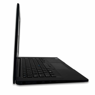 Side view of a Dell Latitude 7490 business laptop with a 14" FHD display, Intel Core i7-8650U, 16GB RAM, and 256GB SSD, black color.