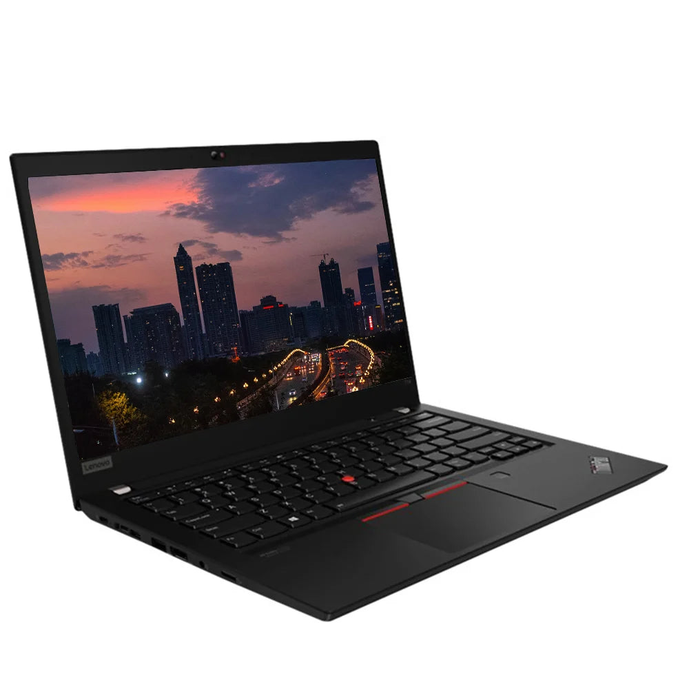 Black laptop with a cityscape on the screen on a white background
