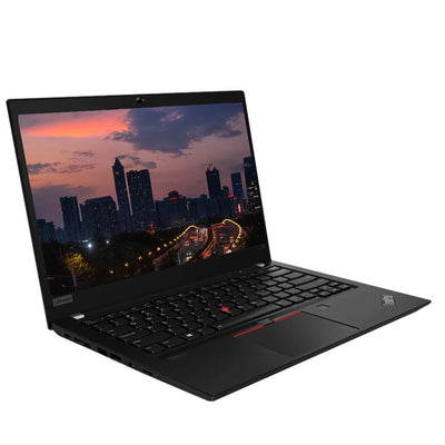 Black laptop with a cityscape on the screen on a white background