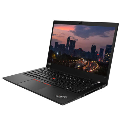 ThinkPad laptop displaying a cityscape on its screen with a white background