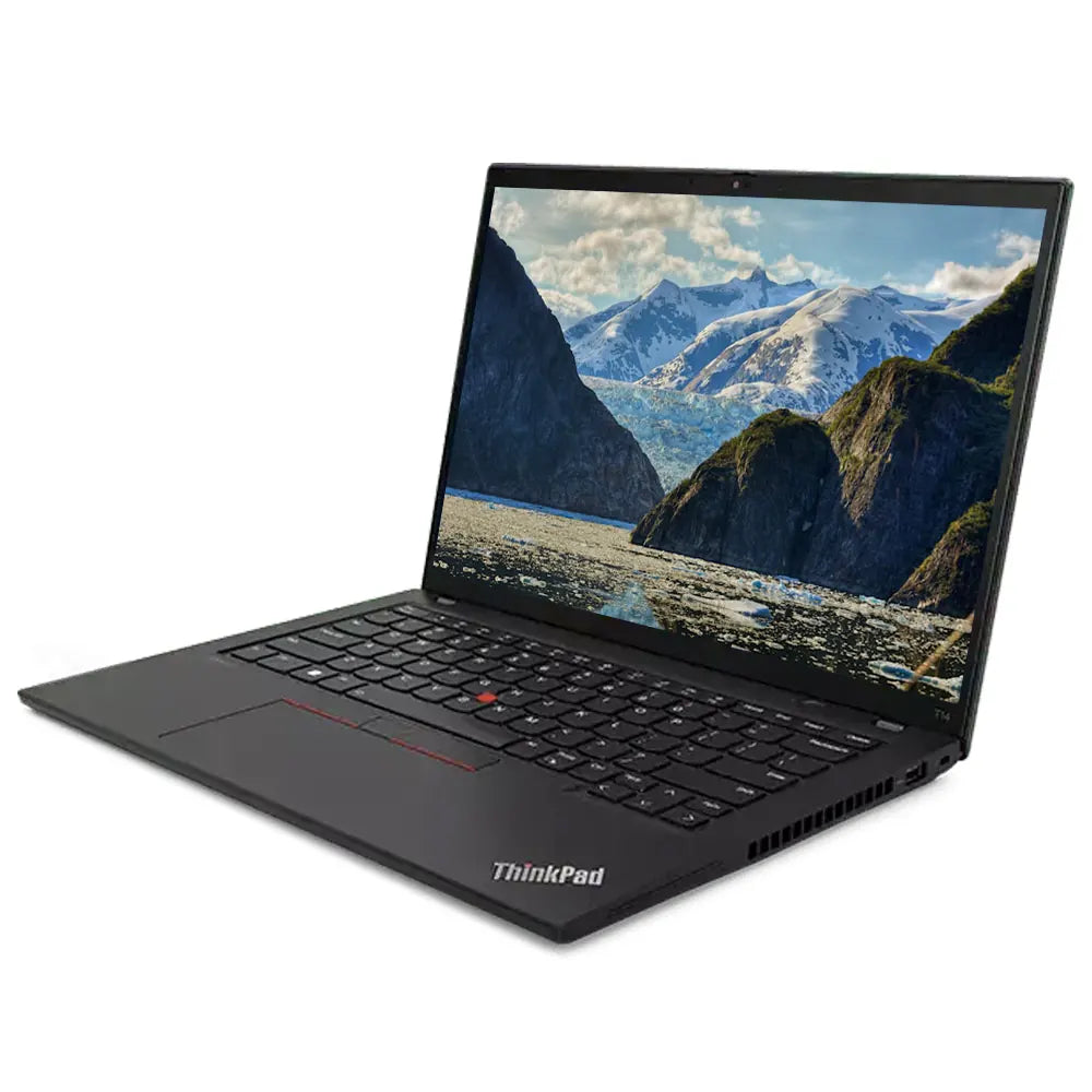 ThinkPad laptop with a scenic mountain view on the screen against a white background