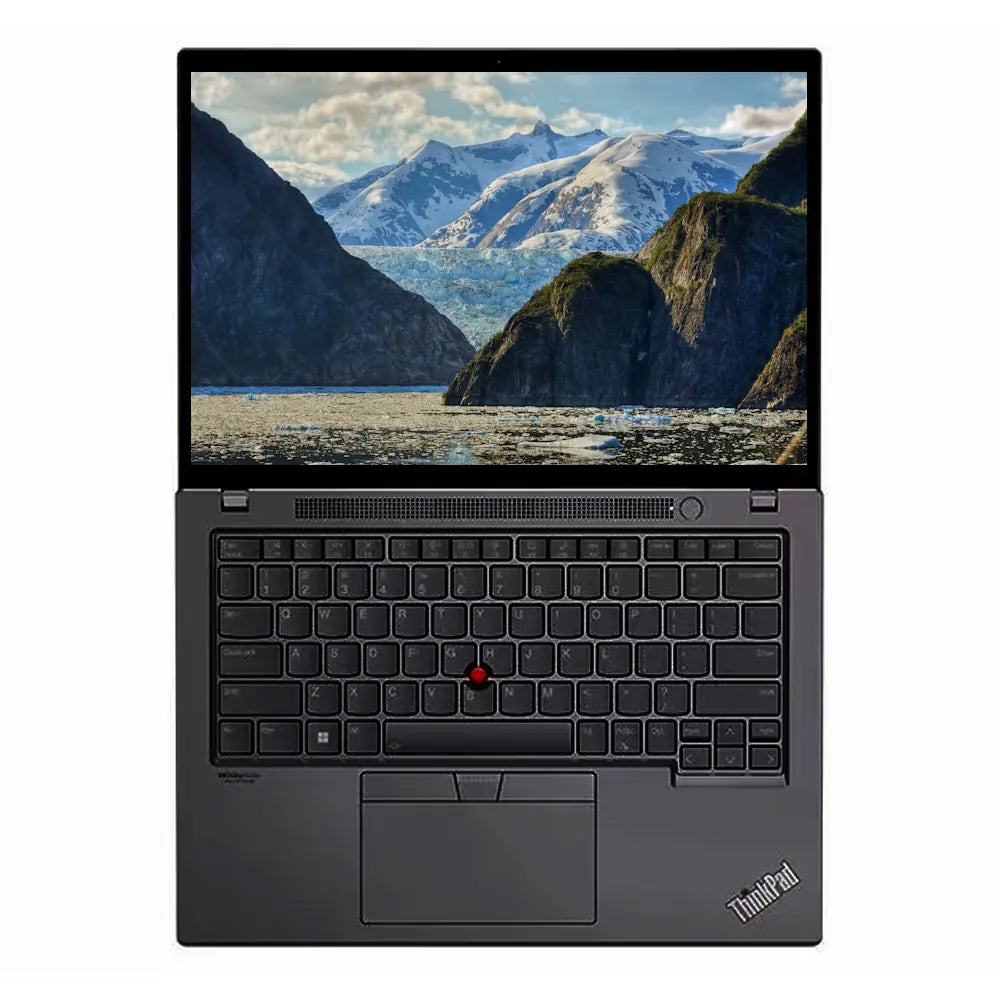 Laptop with a scenic mountain view on the screen, brand logo visible