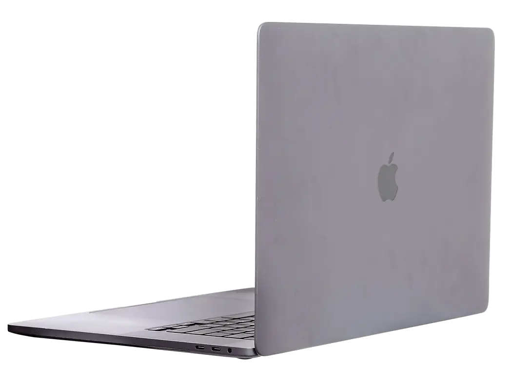 Space Gray Apple MacBook Pro A2141 (2019) laptop with 16" Retina display, viewed from the back left. Buy MacBook Pro in UAE.