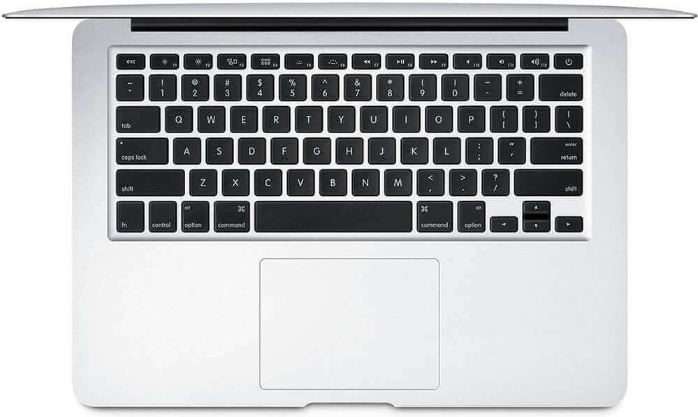 Top view of Apple MacBook Air A1466 (2014) keyboard, renewed, 13.3" HD display, Intel Core i5, 8GB RAM, 256GB SSD, macOS, Silver.