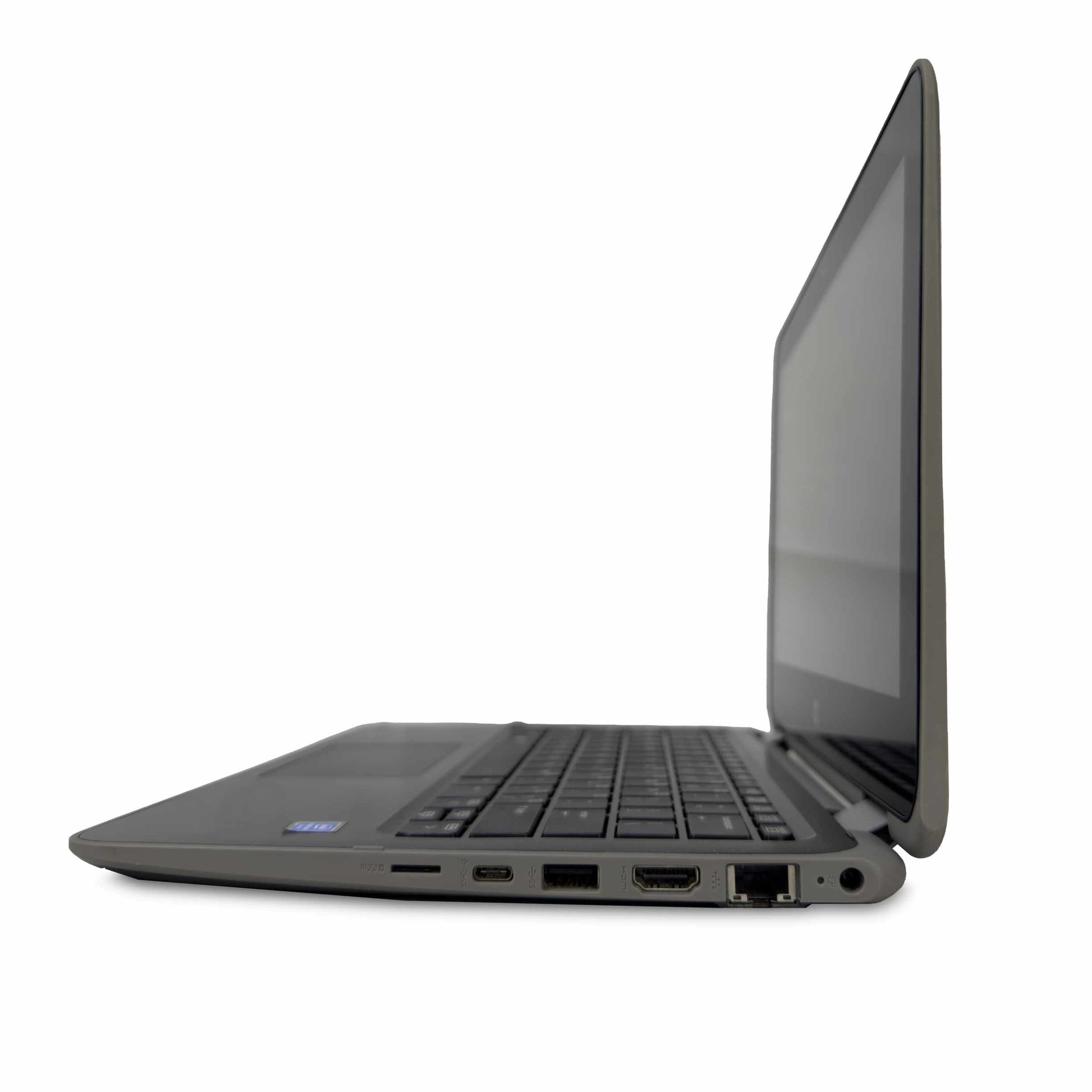 Side view of HP ProBook x360 11 G3 laptop, Intel Pentium Silver N5000, showing multiple ports. Refurbished laptops available in UAE, Dubai, Sharjah.