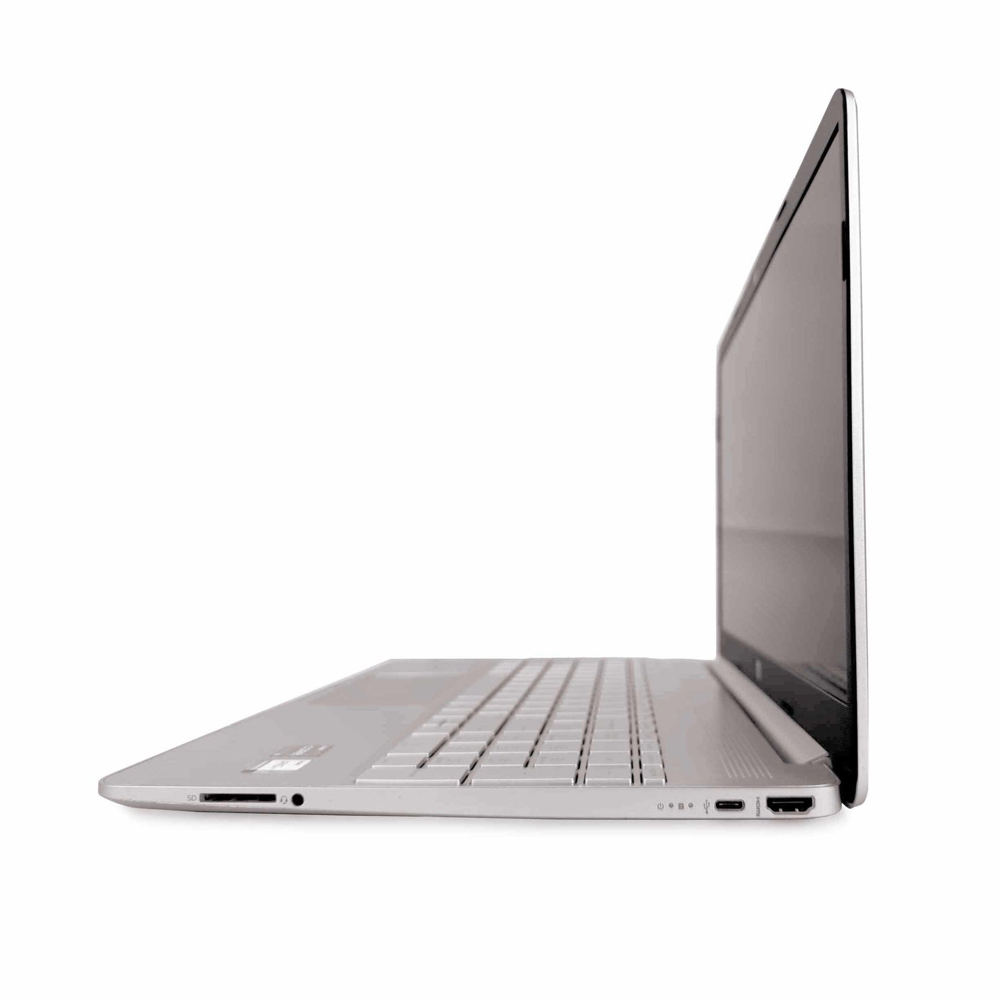 Side view of HP 15-gw0035dx 15.6" FHD laptop, thin profile, AMD Ryzen 5, 32GB RAM, 512GB SSD, refurbished in UAE, Dubai, Sharjah