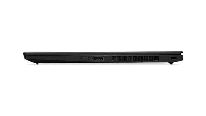 Side view of Lenovo ThinkPad X1 Carbon Gen 8 laptop, showcasing thin profile and connectivity port. Buy refurbished laptops UAE.