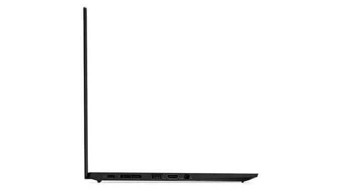 Side view of Lenovo ThinkPad X1 Carbon Gen 8 refurbished laptop, showcasing slim profile and connectivity ports. Buy refurbished laptops UAE.