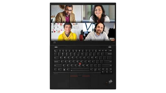 Lenovo ThinkPad X1 Carbon Gen 8 laptop with 14" HD display showing a video conference, Buy Refurbished Laptops UAE, High-Quality Used Laptops.