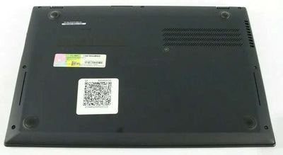 Bottom view of a Lenovo ThinkPad X1 Carbon Gen 3 laptop showing product labels and ventilation slots.