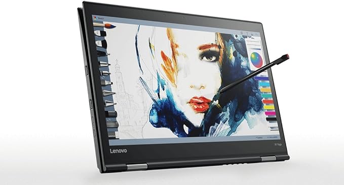 Lenovo ThinkPad X1 Yoga 2nd Gen with touchscreen and x360 hinge in tablet mode showcasing digital art with stylus. Refurbished in Dubai.