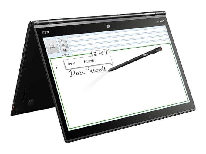 Lenovo ThinkPad X1 Yoga 3rd Gen in tent mode with touchscreen display and touch pen, designed for refurbished Lenovo laptops in Dubai.