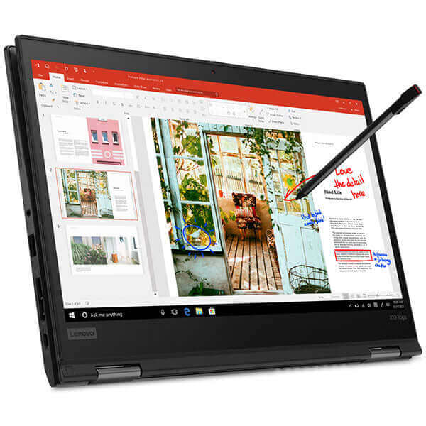 Lenovo ThinkPad X13 Yoga 2-in-1 laptop with 13.3" touchscreen display, Intel i7-10510U, 16GB RAM, 512GB SSD, and included touch pen, refurbished